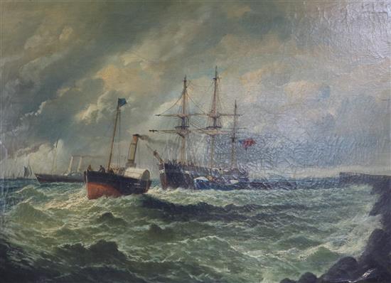 19th century English School, oil on canvas, tug towing a ship and lifeboat into harbour, indistinctly signed, 51 x 76cm